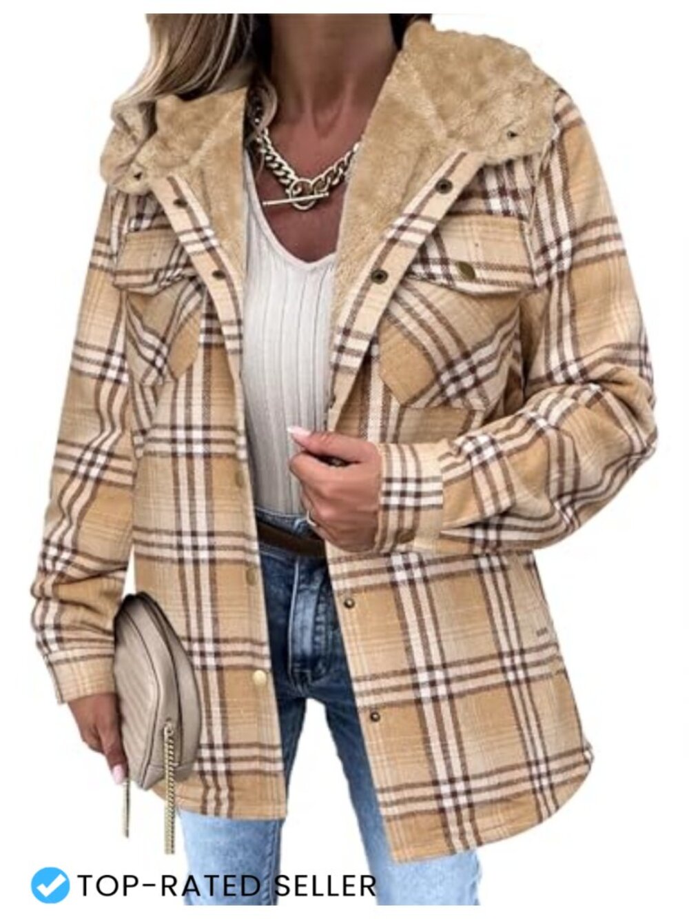 Zeagoo Women's Fleece Lined Plaid Shacket Jacket Hooded Casual Coat